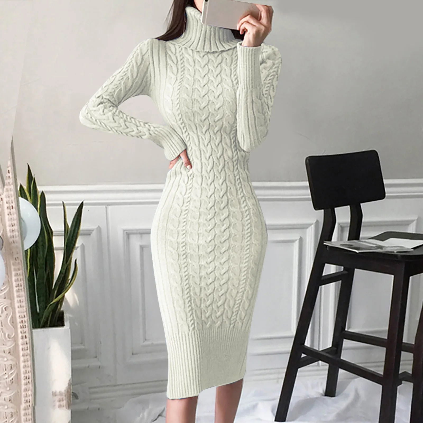 Basic Casual Dresse's Knitted Dress Turtleneck Long Sleeve Slim and Midlength Overtheknee In Autumn Winter Sweater 231116