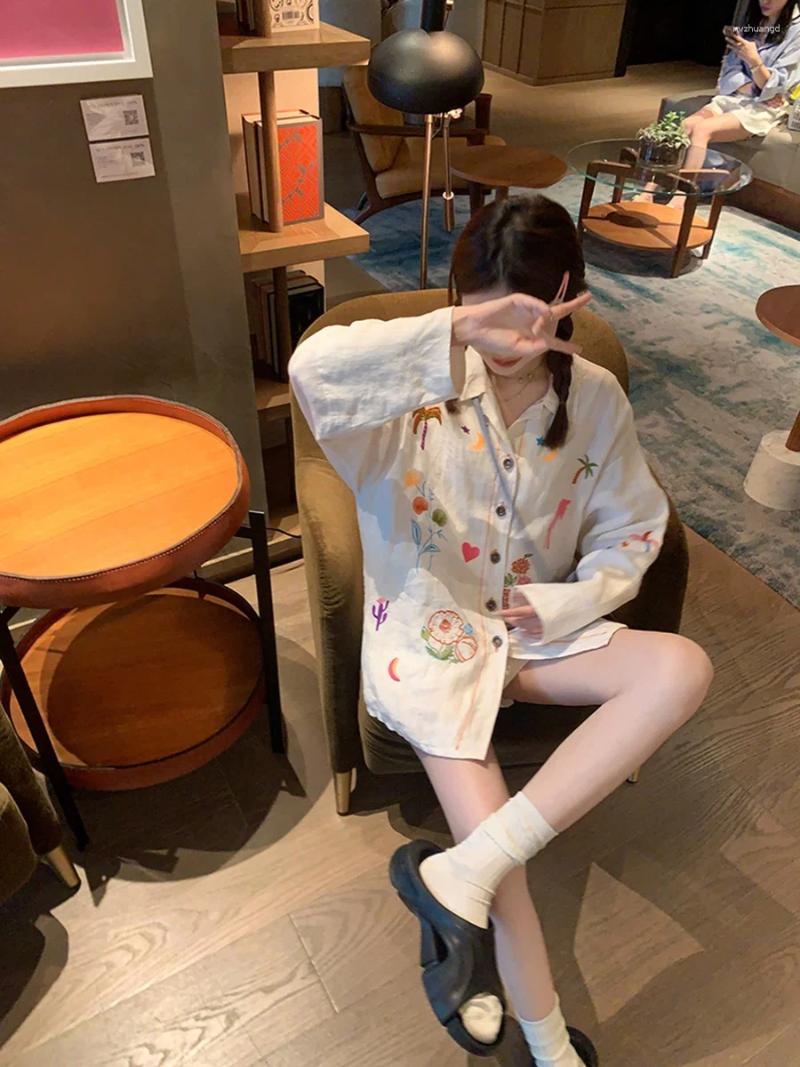 Women's Blouses High Quality Embroidery Cute Flower Blouse Loose Oversized Women Girls Sweet Linen Cotton Button Up Shirt Japanese Y2K Top