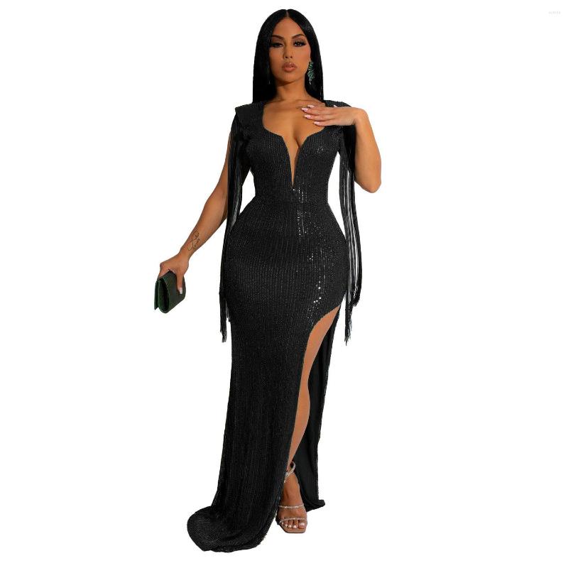 Casual Dresses Sexy Backless Tassel Sequins Dress Nightclub Sleeveless Deep V Pure Color Open Fork Women Floor Length