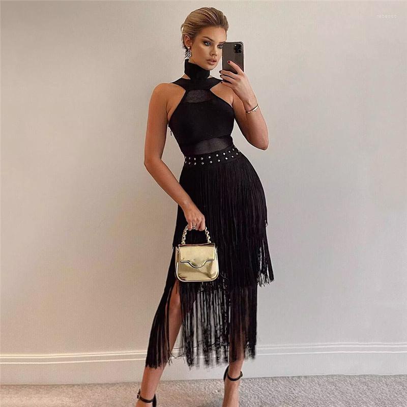 Casual Dresses Fashion Backless Midi Bandage Dress Black White Hollow Out Tassel Summer Vestidos Sexy Halter Party Clubwear Women
Casual Dresses Fashion Backless Midi Bandage Dress Black White Hollow Out Tassel Summer Vestidos Sexy Halter Party Clubwear Women