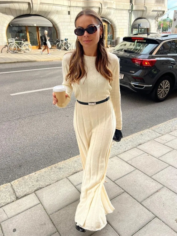 Basic Casual Dresses Female Fashion Chic Solid Ribbed Knitted Dress Elegant O Neck Long Sleeve 2023 Autumn Winter Ladies High Street Robes 231116