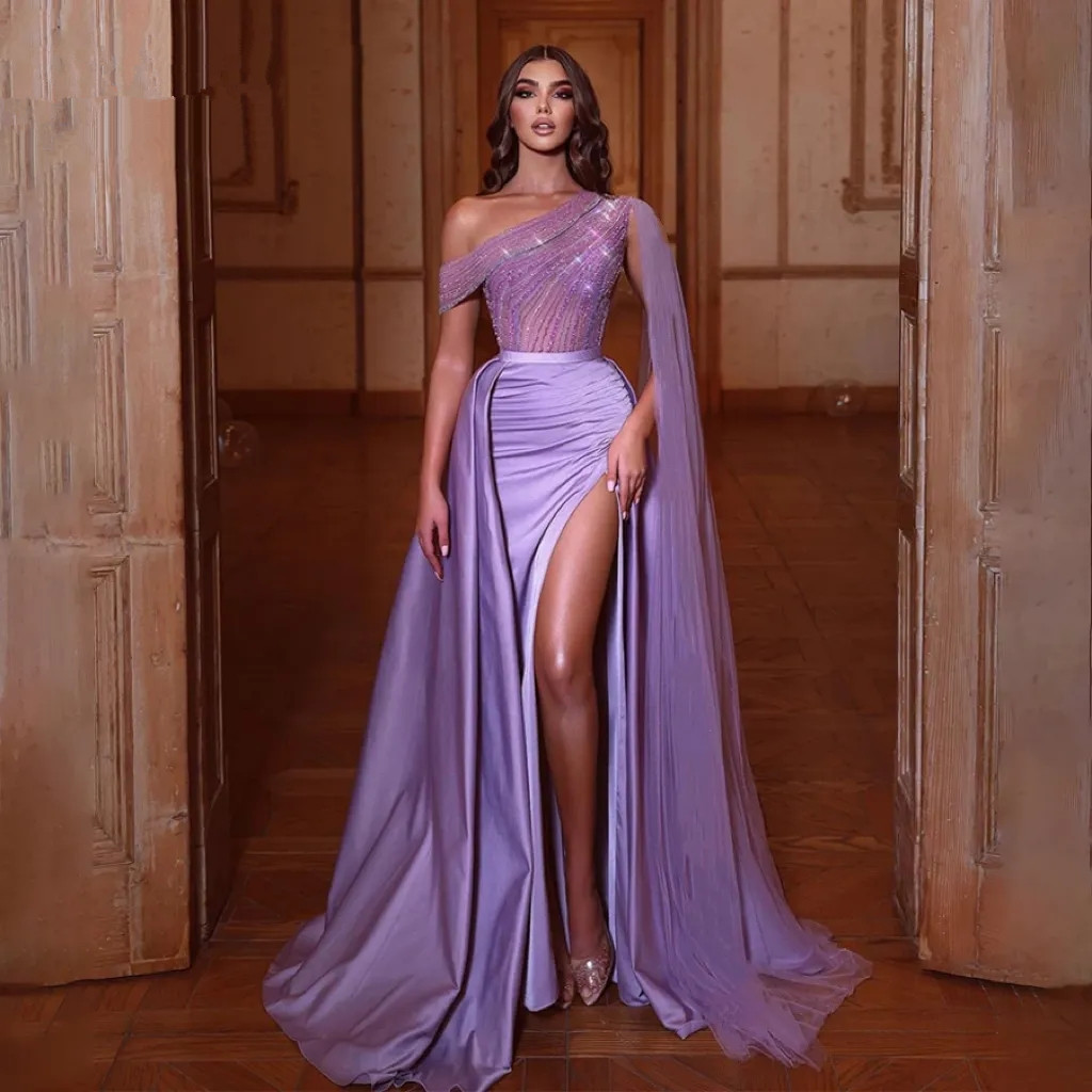 Shoulder Lilac One Bodice With Crystals Beading Prom See Through Purple Elegant Evening Dress Vestido Longo Feminino