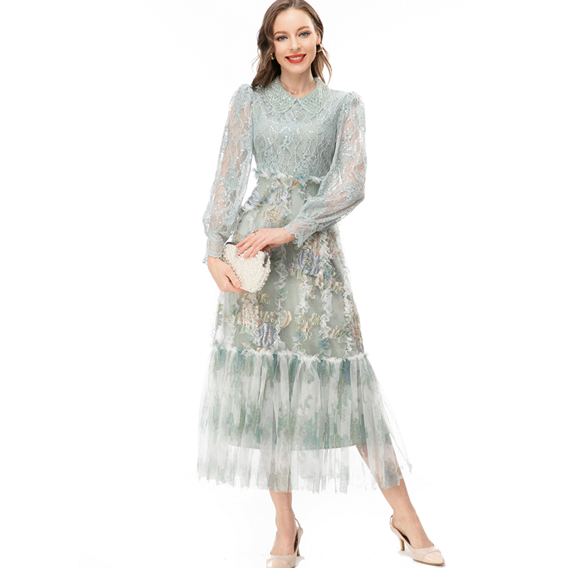 Women's Runway Dresses Peter Pan Collar Long Sleeves Lace Ruffles Elegant Fashion Vestidos