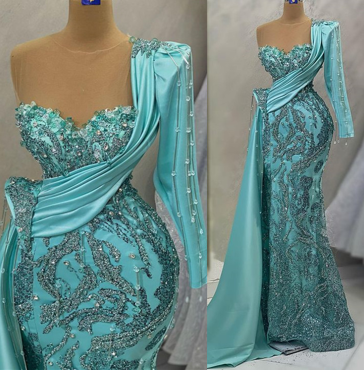 Crystals Mermaid Aso April Ebi Prom Dress Beading Sequined Lace Evening Formal Party Second Reception Birthday Engagement Gowns Dresses Robe De Soiree