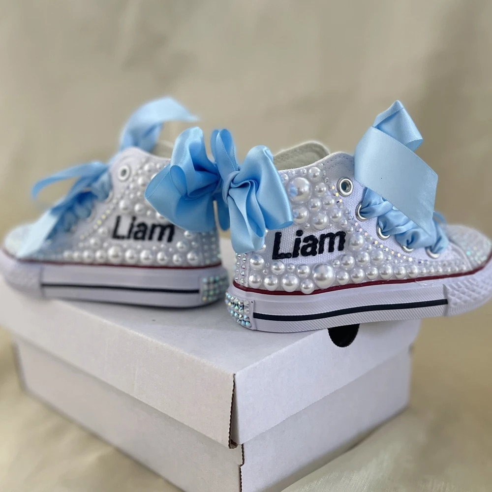 First Walkers Name Custom Kids Shoes For Girl Communion Birthday Party Canvas Dollbling Handmade Bling Rainbow Pearls Sneakers 231116