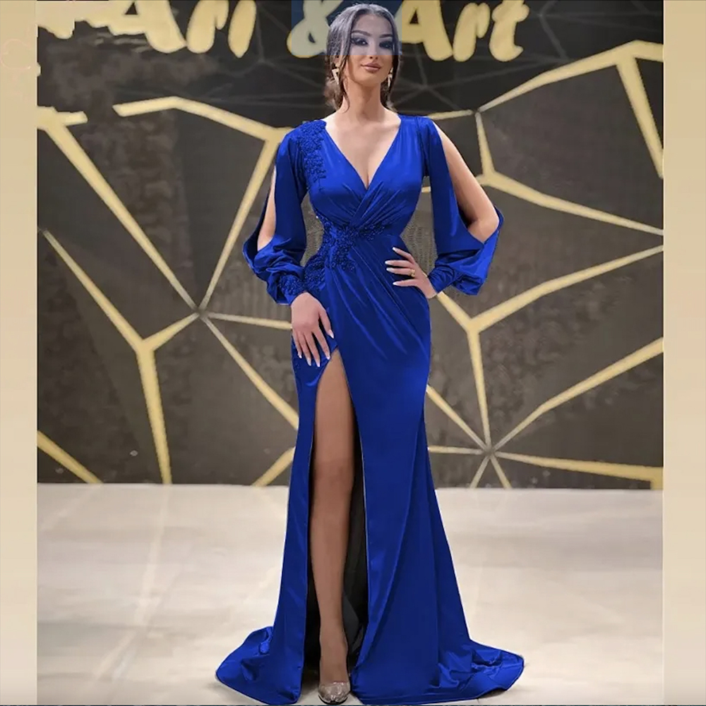 Royal Blue Mermaid Women Evening Dress Long Sleeves V Neck Side Slit Satin Lace Applique Formal Prom Party Gowns Robe De Soiree
Royal Blue Mermaid Women Evening Dress Long Sleeves V Neck Side Slit Satin Lace Applique Formal Prom Party Gowns Robe De Soiree