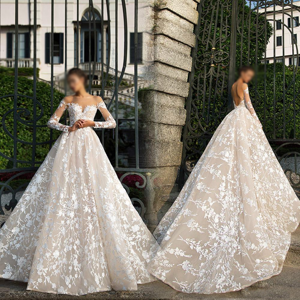 Champagne A-line Women Wedding Dress 2024 Sheer Neck Long Sleeves 3D Flowers Lace Appliques Tulle Bridal Bride Gown Open Back Vestidos De Noiva Robe D