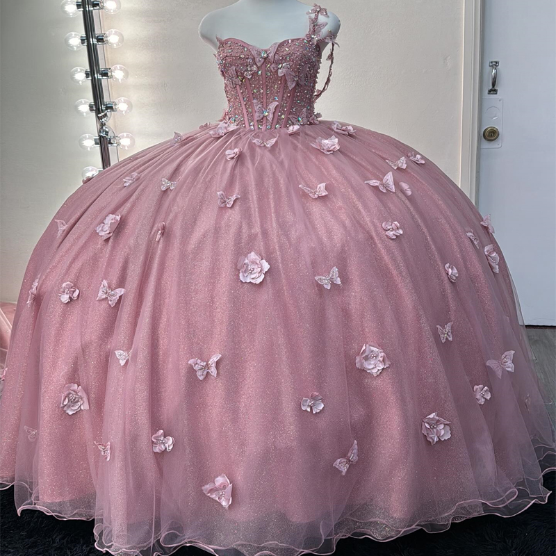 Mexico Pink Off The Shoulder Ball Gown Quinceanera Dress For Girl Beaded 3Dwers Bow Birthday Party Gowns Prom Dresses Sweet 16