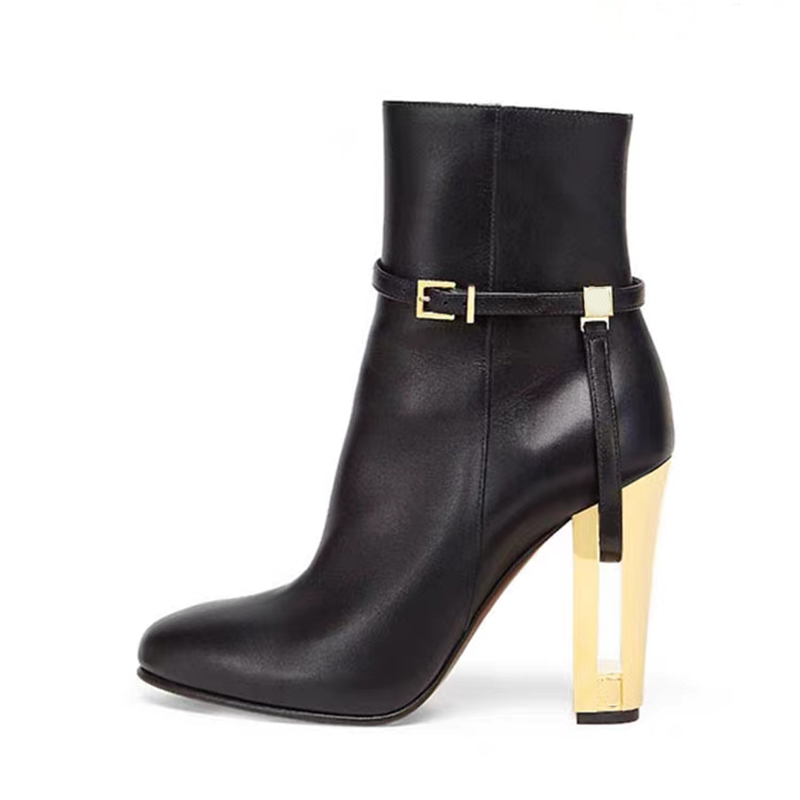 Designer shoes black Ankle Boots with high heels Belt buckle decoration Golden Cut-Outs metal carved Special-Shaped Heel Round Toes Fashion Zip M