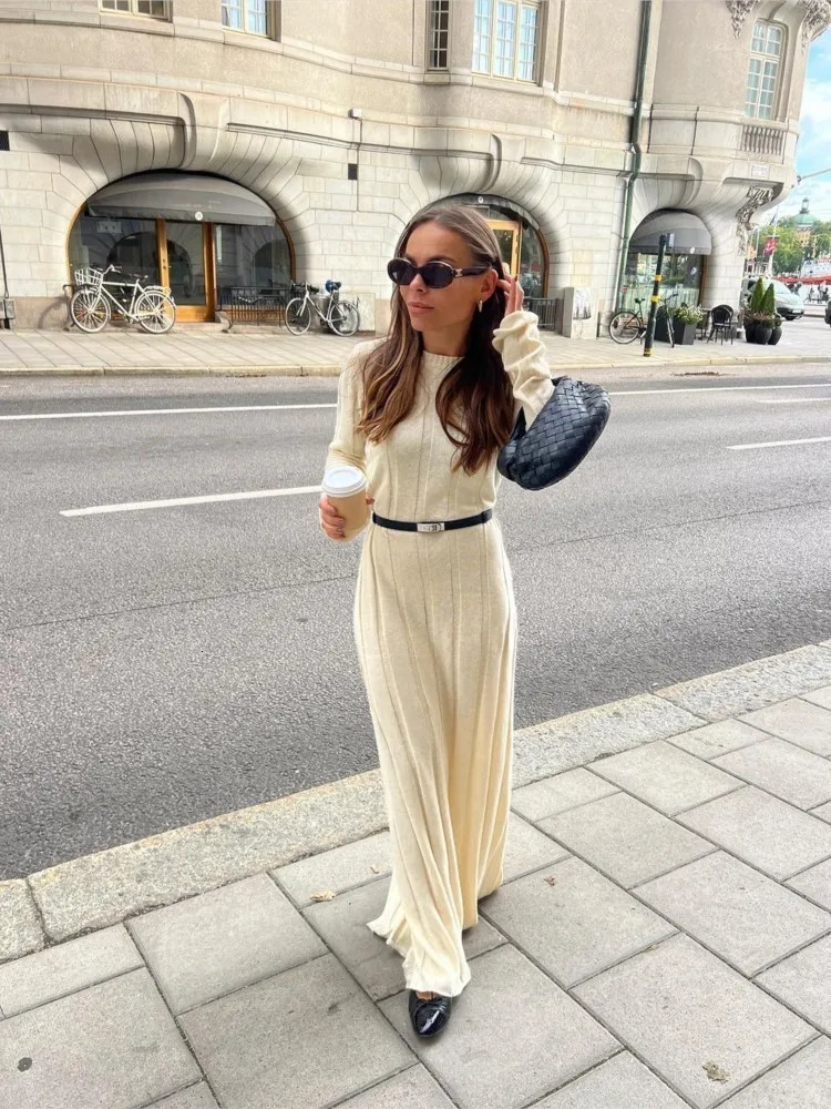 Basic Casual Dresses Female Fashion Chic Solid Ribbed Knitted Dress Elegant O Neck Long Sleeve 2023 Autumn Winter Ladies High Street Robes 231116