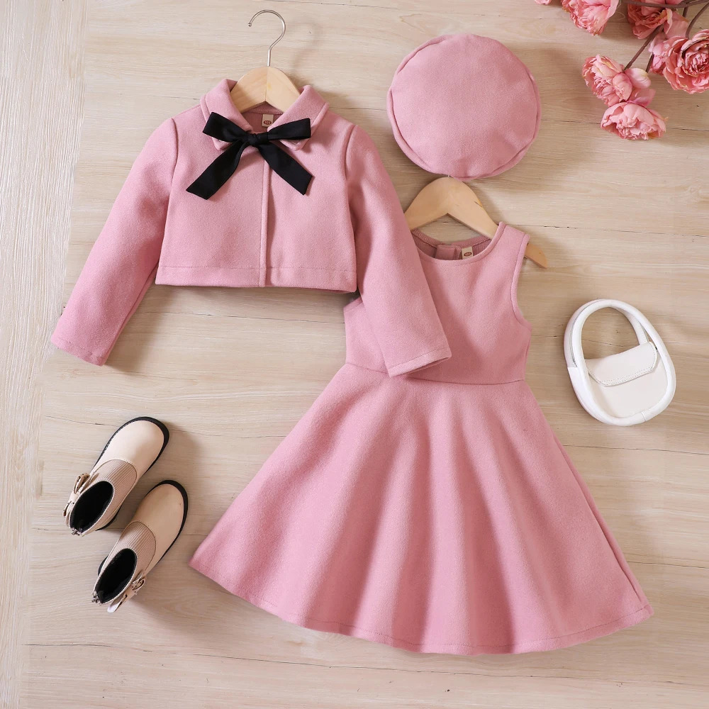 Clothing Sets Girls Autumn Winter Bow Fleece Coat Tank Top Dress Beret Three Piece Set 231115