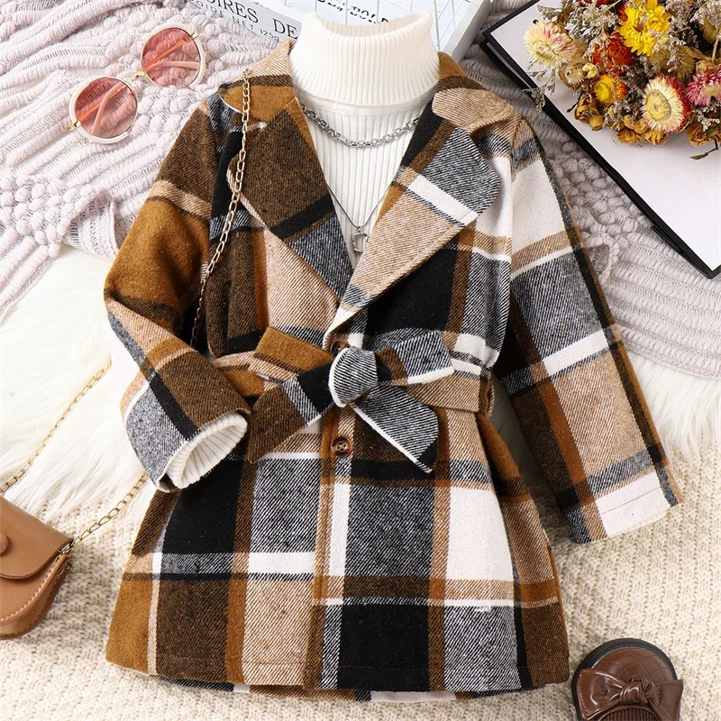 Coat Little Kid Girl Long Sleeve Jacket Dress Plaid Turn down Collar Button Down Sweater With Belt Fall Winter Clothes 231116
