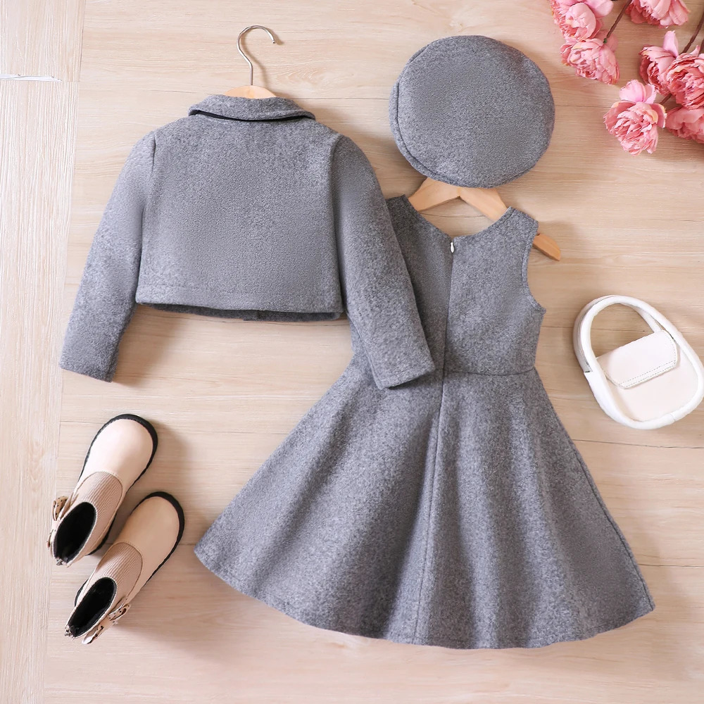 Clothing Sets Girls Autumn Winter Bow Fleece Coat Tank Top Dress Beret Three Piece Set 231115