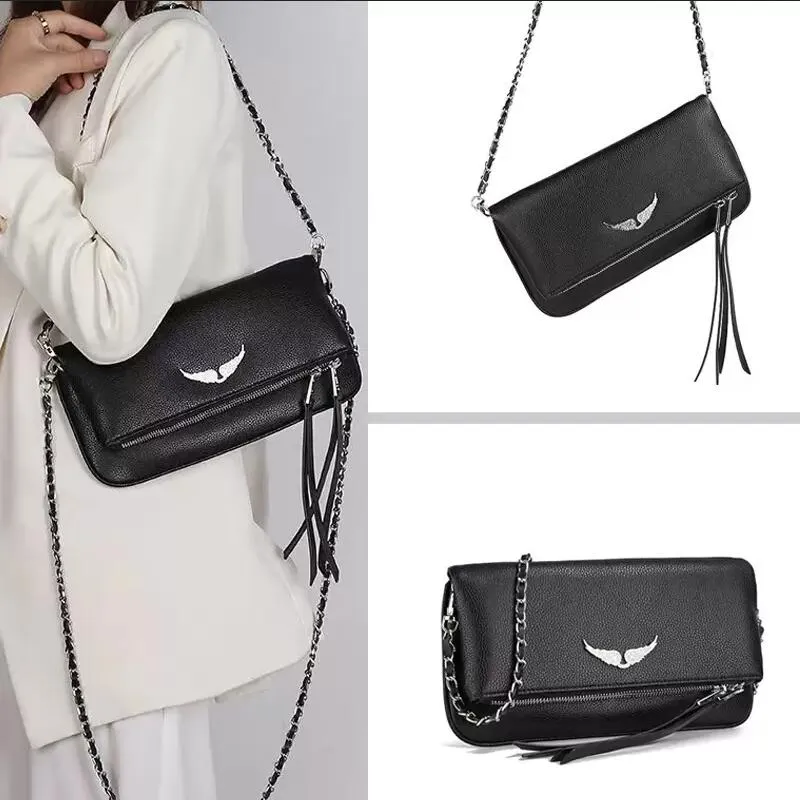 

ZV Designer Luxury Womens Bag Wings Diamond-ironing Plain Messenger Sheepskin Leather Zadig Et Voltaire Crossbody Handbags Two Chain Ladies Clutch Hasp Bags, As pic 3-black+vintage-27cm