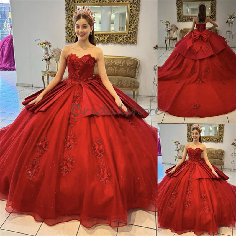 Princess Red Charro Quinceanera Dresses Luxurious Lace Vestidos De Xv Anos Sixteen Birthday Party Halloween Sweet Fifteen Dress With Bow 2024 Elegant 
