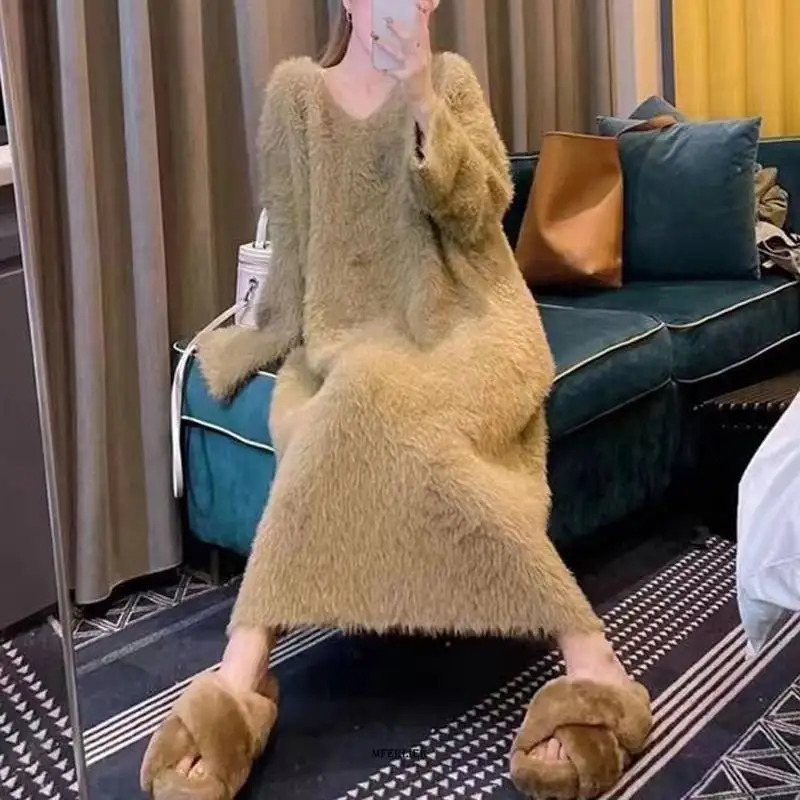 Basic Casual Dresses Plus Size 4XL 150KG Winter Wool Dress V Neck Women Maxi Long Sleeve Large Loose Warm Fleece 231116