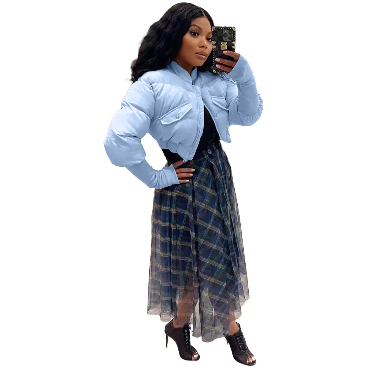 Women s Down Parkas Orange Crop Puffer Jacket Women Gray Zipper V Neck Long Sleeve Ladies Warm Short Coats Outwear Coat Thin Light 231116