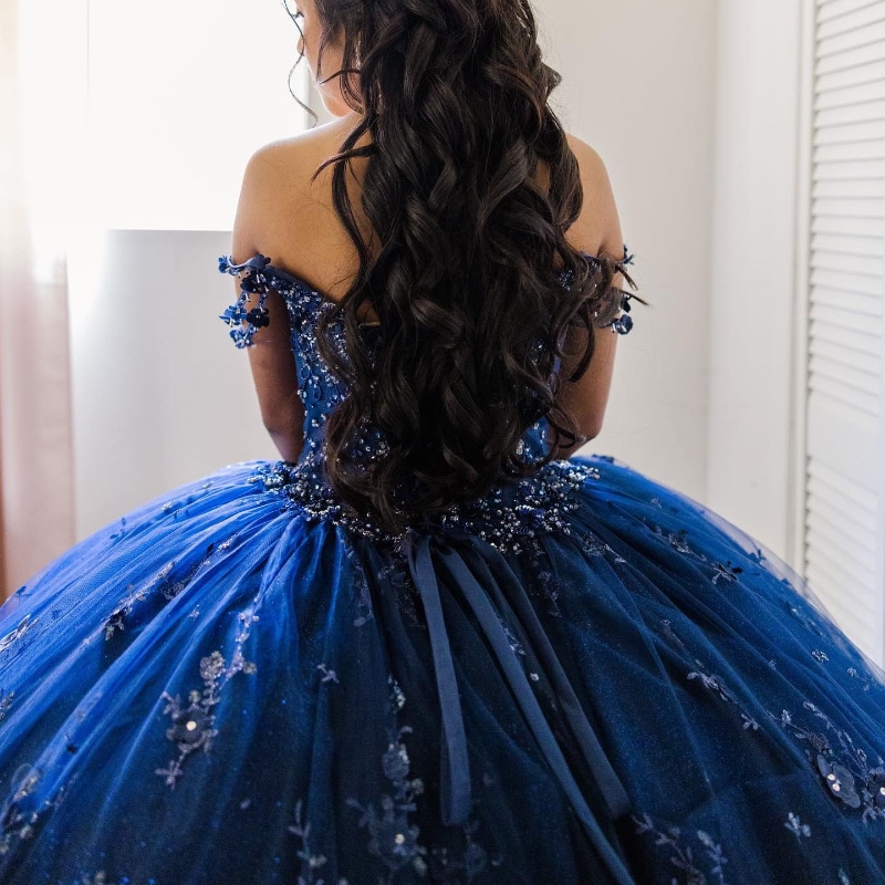 Glitter Navy Blue Quinceanera Dress V-Neck Off The Shoulder Appliques Lace Cut-Out Beads Sequin For 15 Girls Ball Formal Gowns