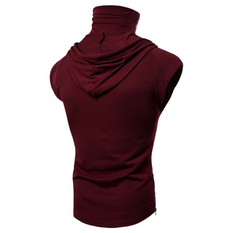 Casual cotton slim breathable turtleneck hooded face men sleeveless t shirt