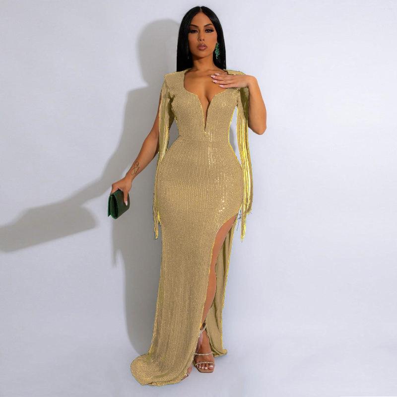Casual Dresses Sexy Backless Tassel Sequins Dress Nightclub Sleeveless Deep V Pure Color Open Fork Women Floor Length