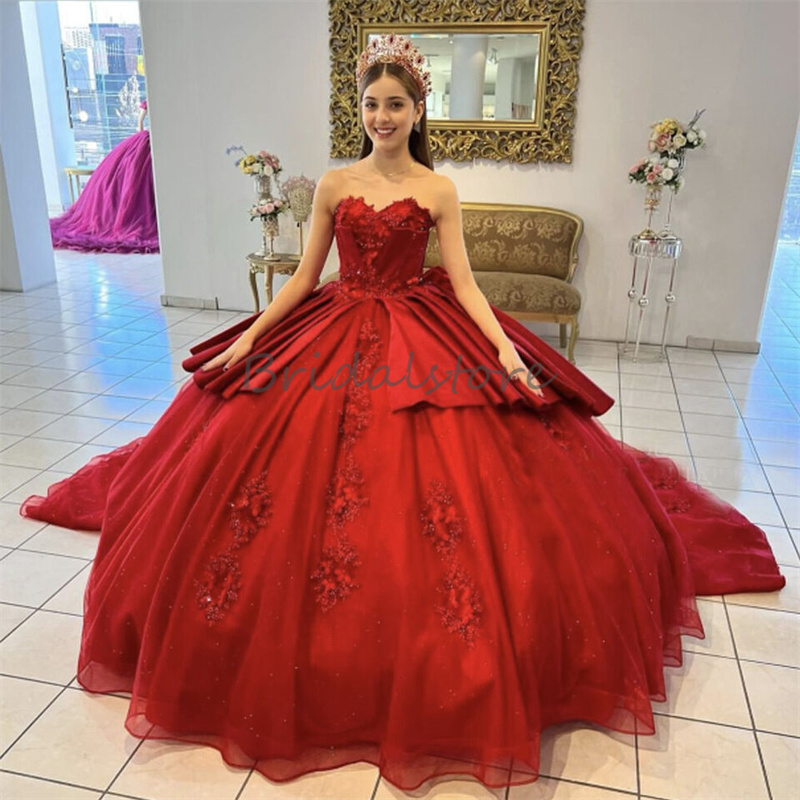 Princess Red Charro Quinceanera Dresses Luxurious Lace Vestidos De Xv Anos Sixteen Birthday Party Halloween Sweet Fifteen Dress With Bow 2024 Elegant 