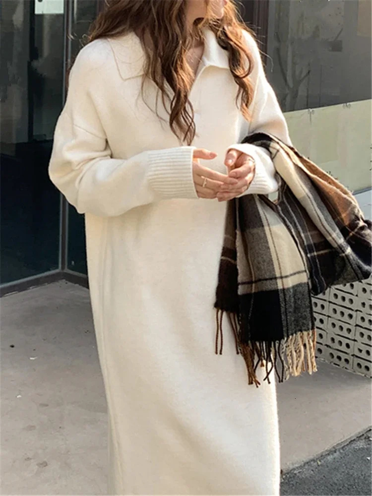 Basic Casual Dresses REALEFT Autumn Winter Polo Collar Women's Sweater 2023 Long Sleeve Solid Warm Loose Knitted Female 231116