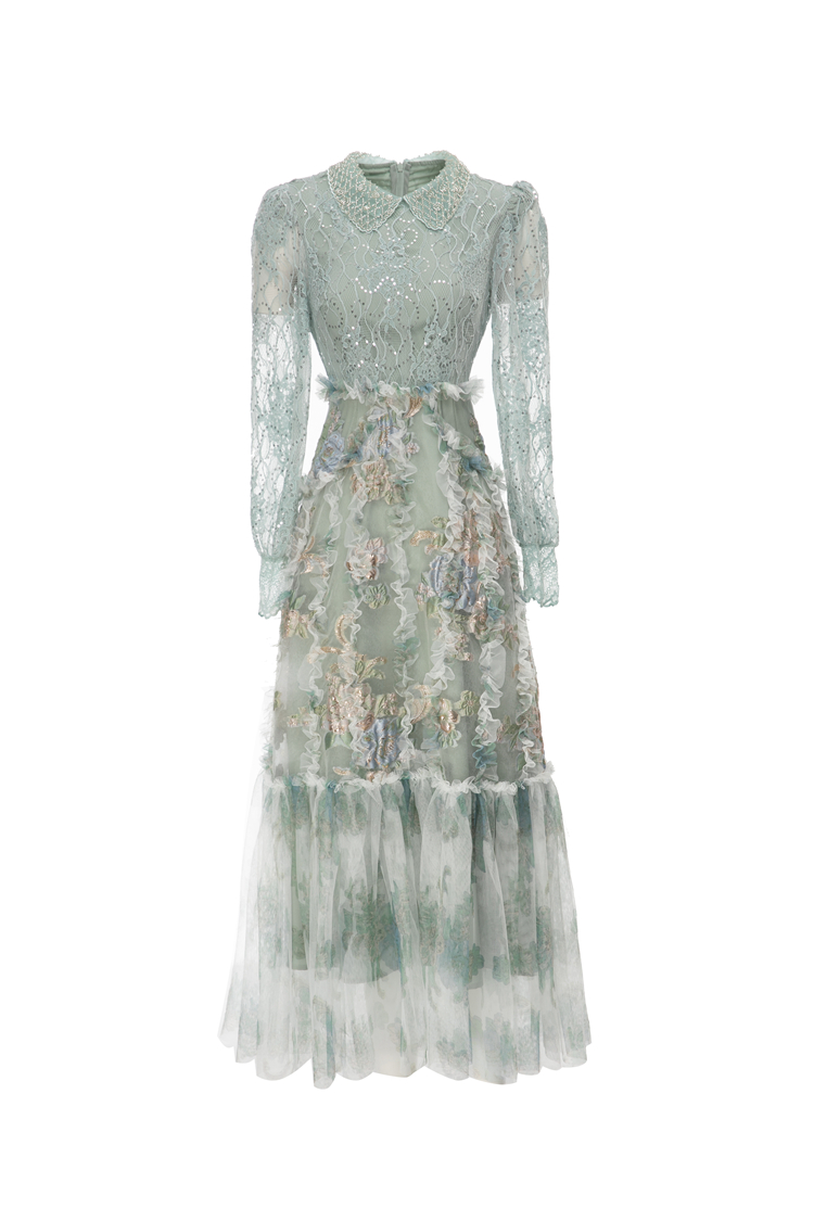 Women's Runway Dresses Peter Pan Collar Long Sleeves Lace Ruffles Elegant Fashion Vestidos