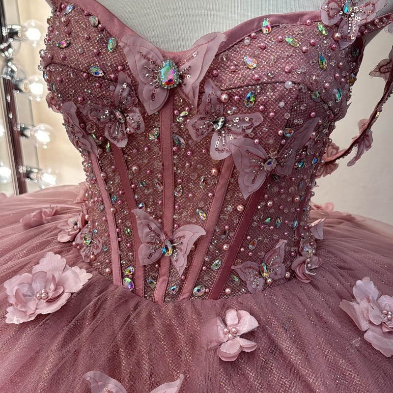 Mexico Pink Off The Shoulder Ball Gown Quinceanera Dress For Girl Beaded 3Dwers Bow Birthday Party Gowns Prom Dresses Sweet 16