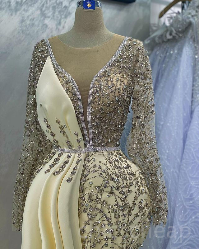 Aso 2023 April Ebi Gold Mermaid Prom Drs Crystals Sequined Lace Evening Formal Party Second Reception Birthday Engagement Gowns Drs Robe De Soiree ZJ5