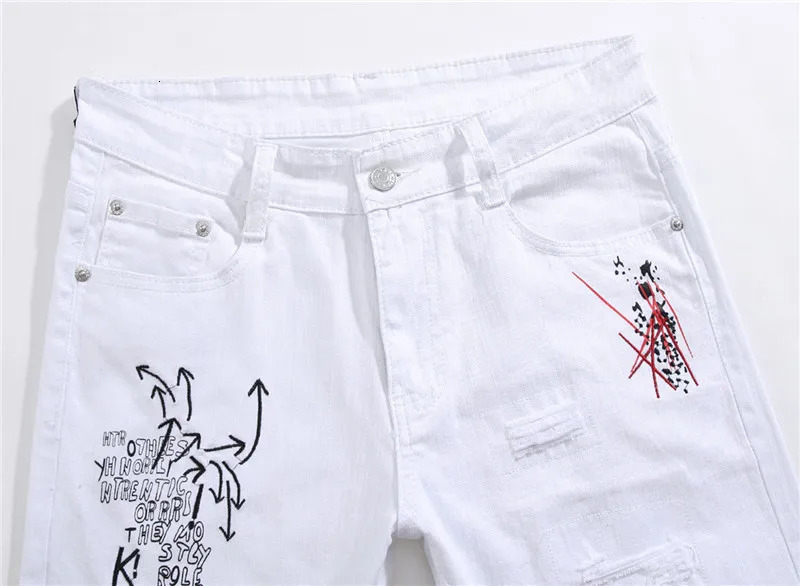Men's Jeans Men Streetwear personality Ripped printed white skinny Jeans Hip Hop Punk Casual motorcycle stretch denim jeans trousers 231116