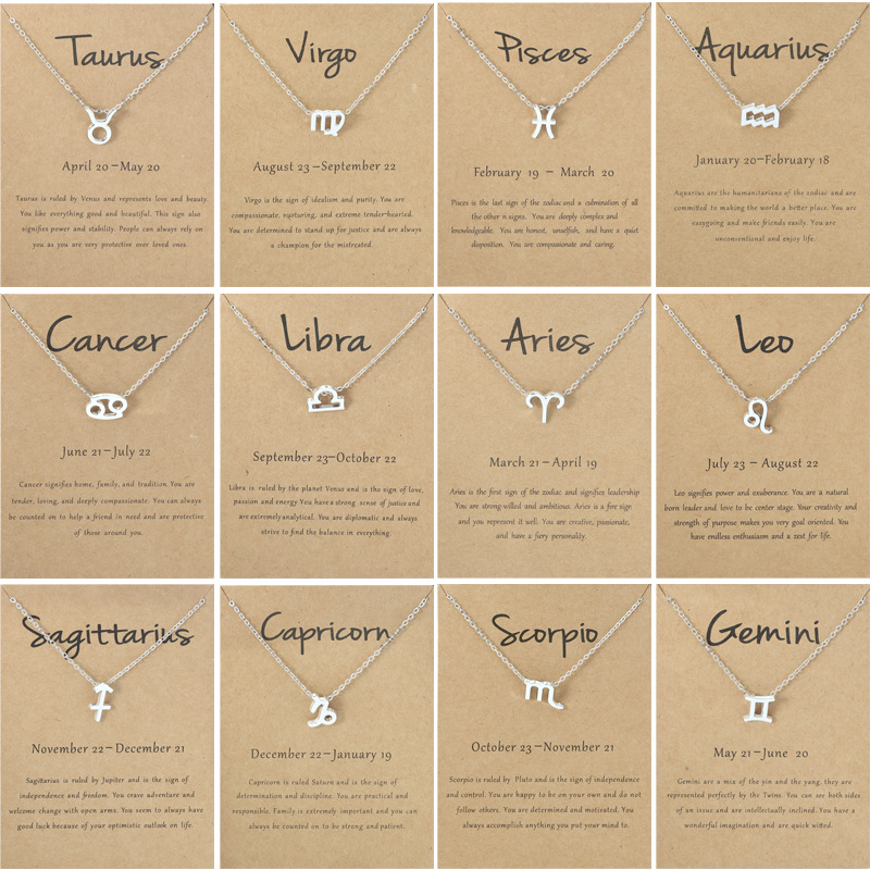 S925 Silver Plated 12 Constellation Necklace Zodiac Symbol Necklace Horoscope Necklaces with Wish Card Aries,Leo,Libra Jewelry Wholesale