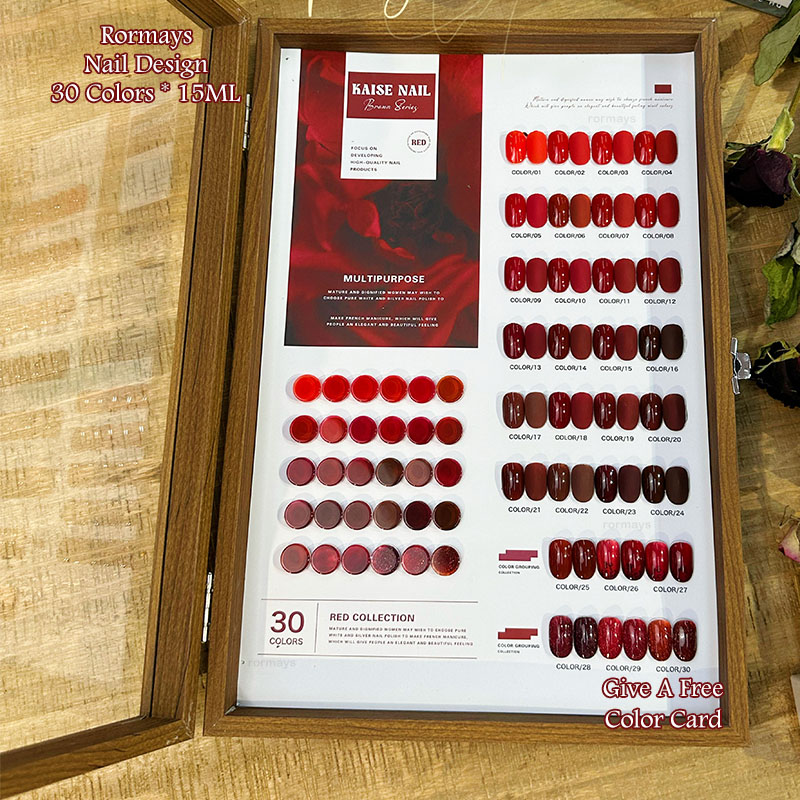 Rormays 30 Color gel Polishing Red Set Shiny Gloss Semi Permanent Mixed Varnish gel Gift Box Color Card Rose Red UV Primer Finish 15ML Nail Art Factor