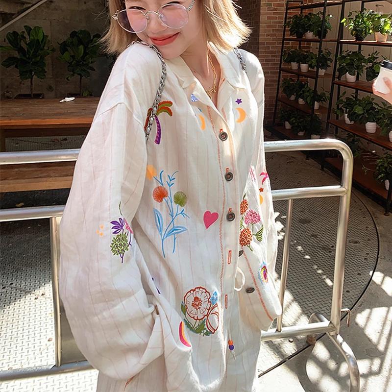 Women's Blouses High Quality Embroidery Cute Flower Blouse Loose Oversized Women Girls Sweet Linen Cotton Button Up Shirt Japanese Y2K Top