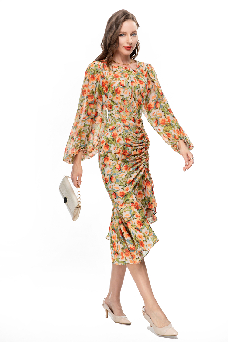 Women's Runway Dresses O Neck Long Lantern Sleeves Floral Printed Ruched Asymmetrical Vestidos