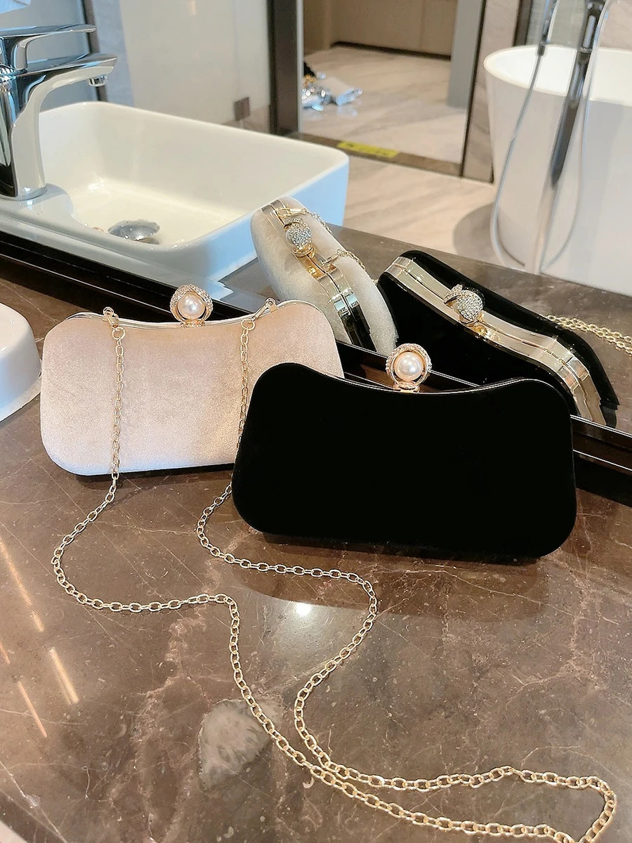 Evening Bags Pearl Decor Velvet Event Clutch Bag Metal Chain Buckle Banquet Party Cocktail 231115