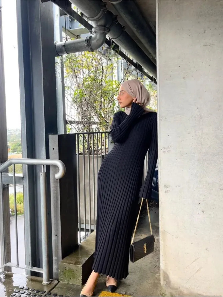 Basic Casual Dresses Female Fashion Chic Solid Ribbed Knitted Dress Elegant O Neck Long Sleeve 2023 Autumn Winter Ladies High Street Robes 231116