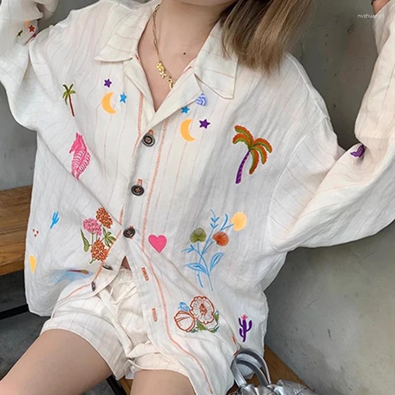 Women's Blouses High Quality Embroidery Cute Flower Blouse Loose Oversized Women Girls Sweet Linen Cotton Button Up Shirt Japanese Y2K Top