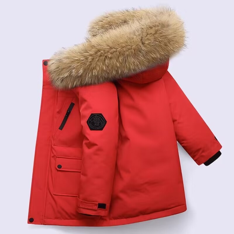 Real Fur White Duck Down Coats Winter Children Midi Length Down Jacket New Warm Kids Boys Thicken Coat Hooded Baby Snowsuit