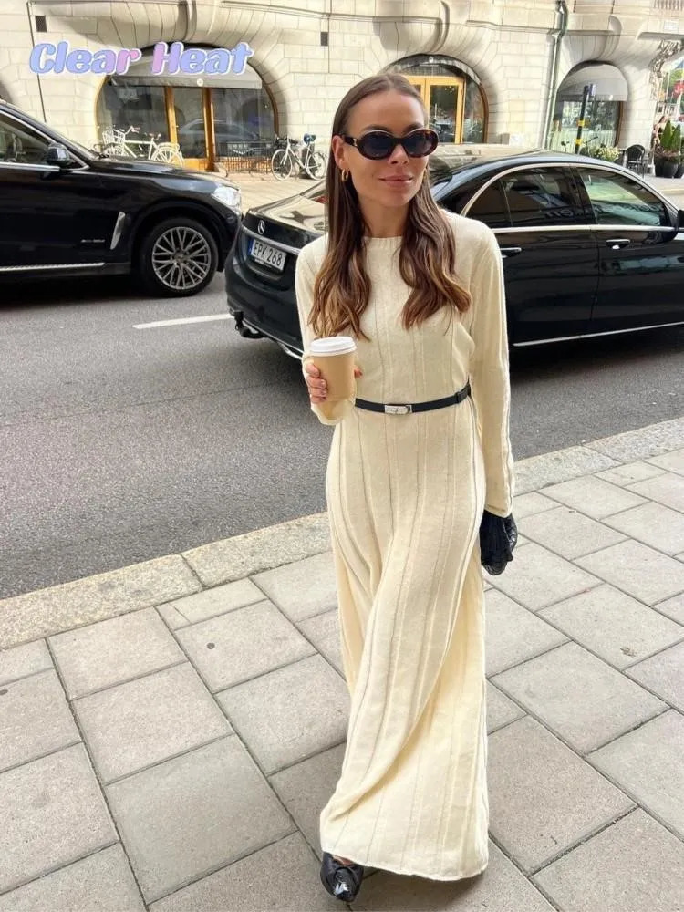 Basic Casual Dresses Female Fashion Chic Solid Ribbed Knitted Dress Elegant O Neck Long Sleeve 2023 Autumn Winter Ladies High Street Robes 231116