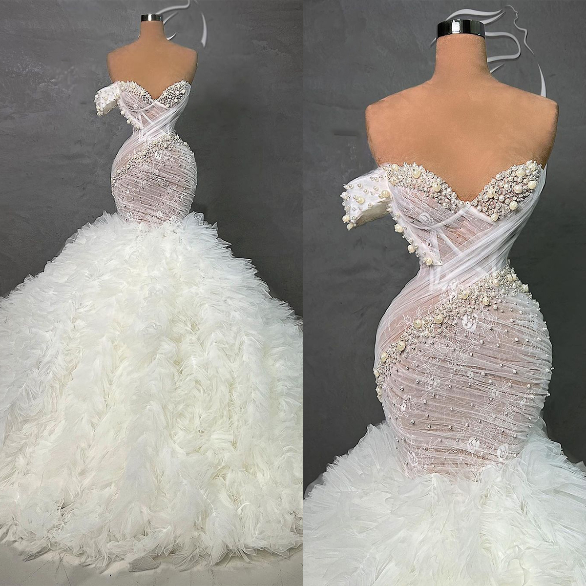 Gorgeous Mermaid Wedding Dresses Sweetheart Off the Shoulder Tulle Pearls Pleats Backless Zipper Court Gown Custom Made Plus Size Bridal Gown Vestidos