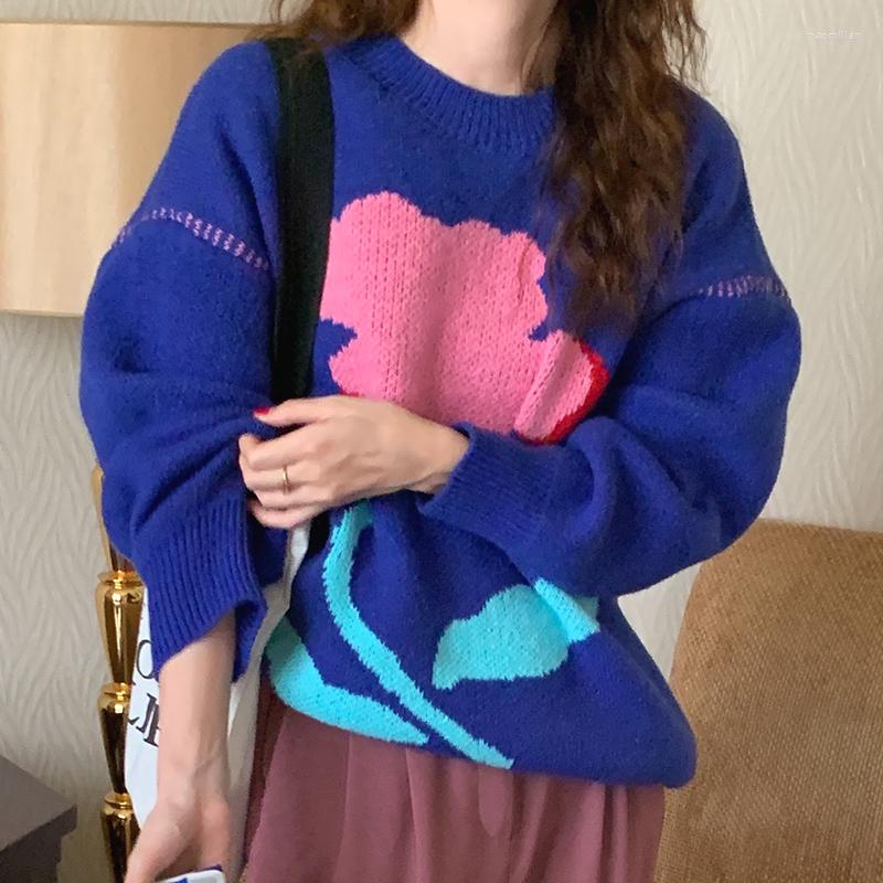 Womens Sweaters Women Sweater 2023 Korean Fashion Wild Flower Print Design O Neck Pullover Loose Thick Long-sleeved Knit Pullovers