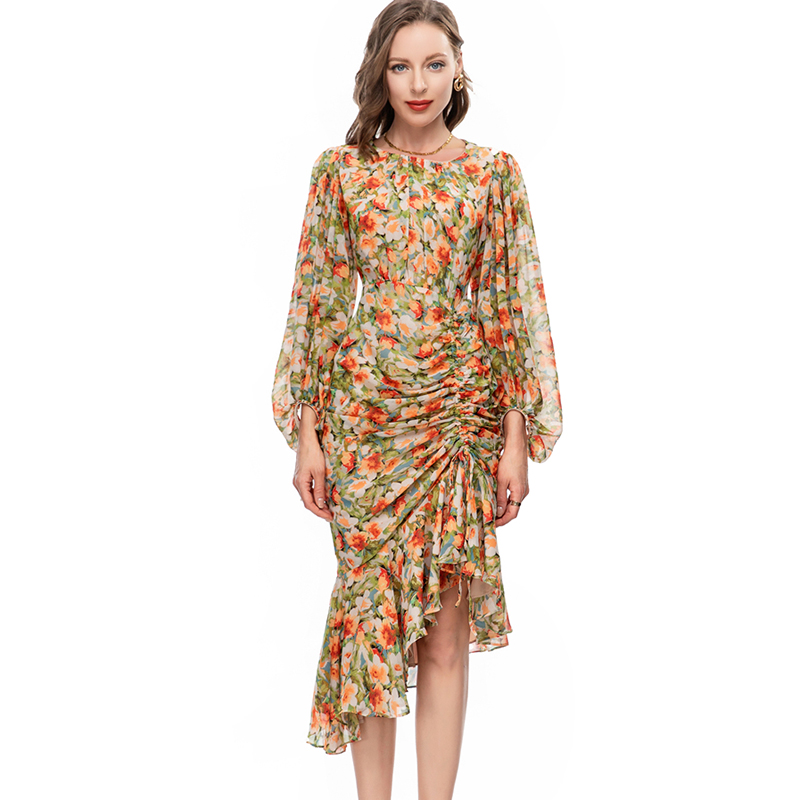 Women's Runway Dresses O Neck Long Lantern Sleeves Floral Printed Ruched Asymmetrical Vestidos