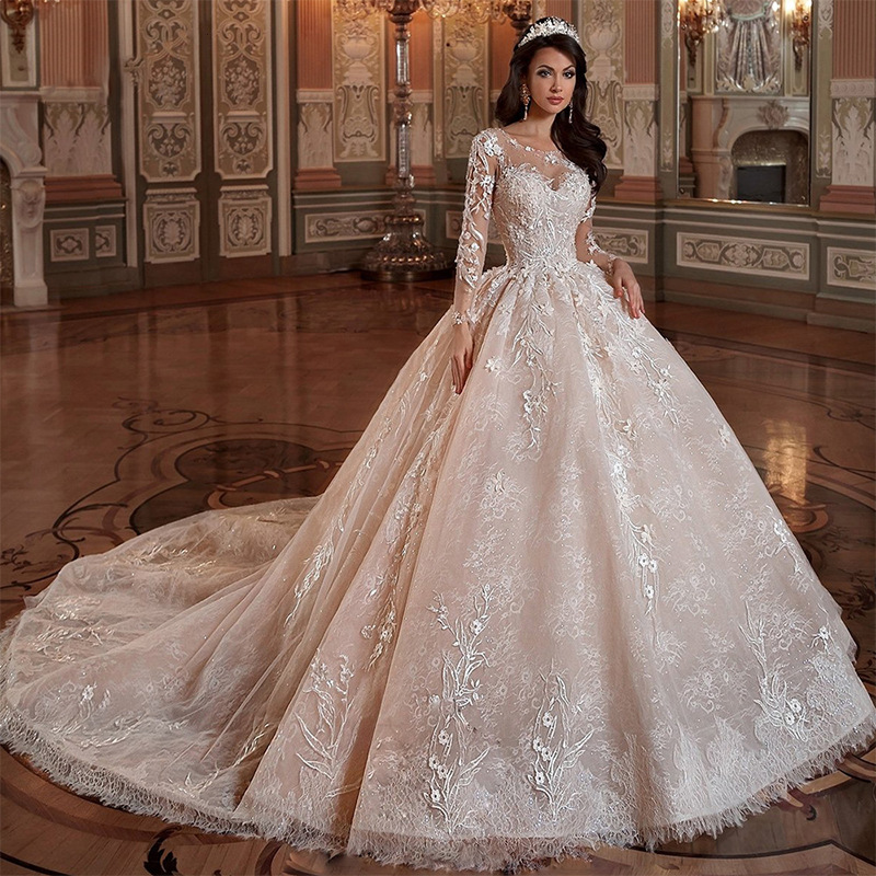 Elegant A-line Women Wedding Dress 2024 Sccop Long Illusion Sleeves 3D Flowers Beads Lace Appliques Tulle Bridal Bride Gown Vestidos De Noiva Robe De 