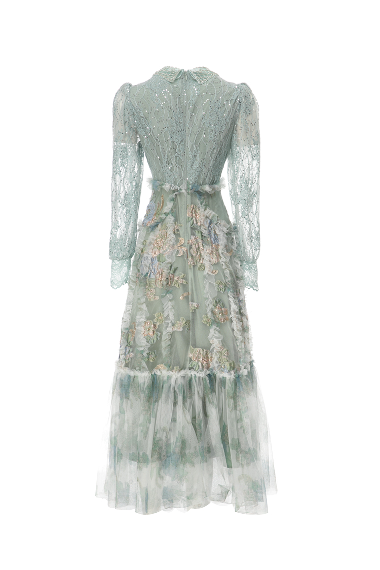 Women's Runway Dresses Peter Pan Collar Long Sleeves Lace Ruffles Elegant Fashion Vestidos