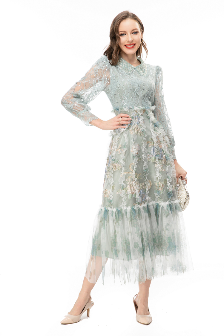 Women's Runway Dresses Peter Pan Collar Long Sleeves Lace Ruffles Elegant Fashion Vestidos