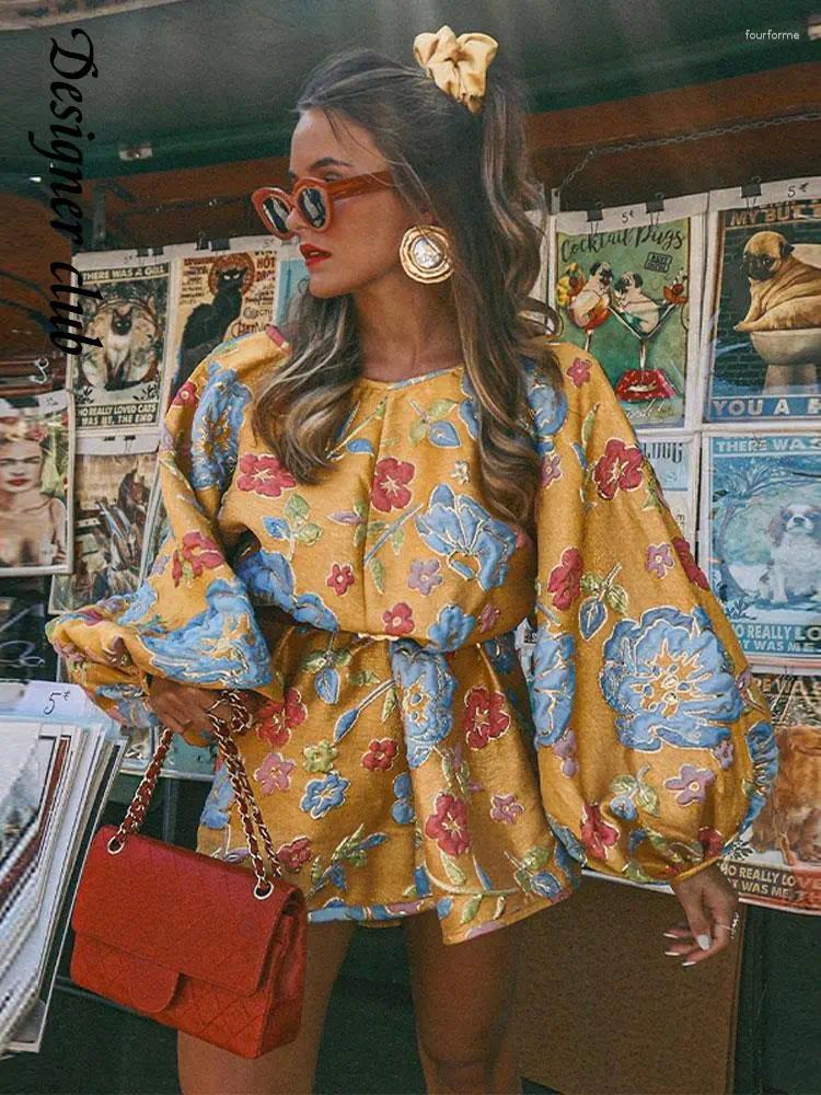 Casual Dresses Elegant Printed Women's Jacquard Waist Dress Fashion O Neck Lantern Sleeve Short Vestidos 2023 Autumn Lady Party Chic