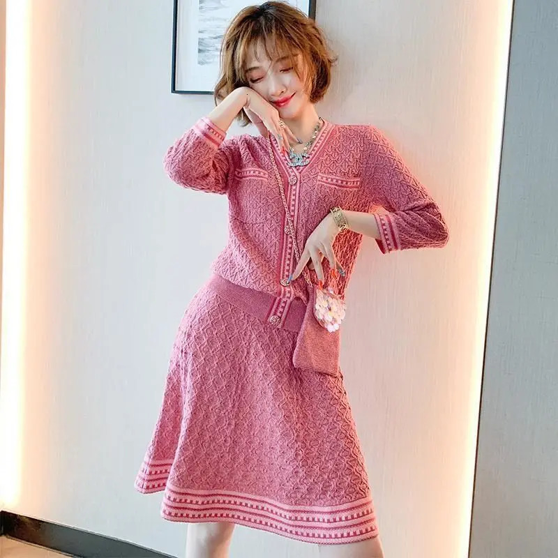 Basic Casual Dresses Spring Autumn Knitted Two Piece Dress for Women Temperament Solid Button Sweater Cardigan Fashion Elegant Clothing S3XL 231116