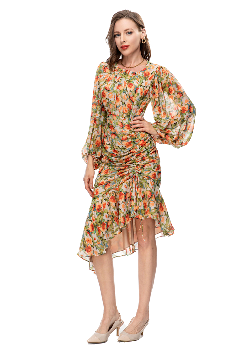 Women's Runway Dresses O Neck Long Lantern Sleeves Floral Printed Ruched Asymmetrical Vestidos