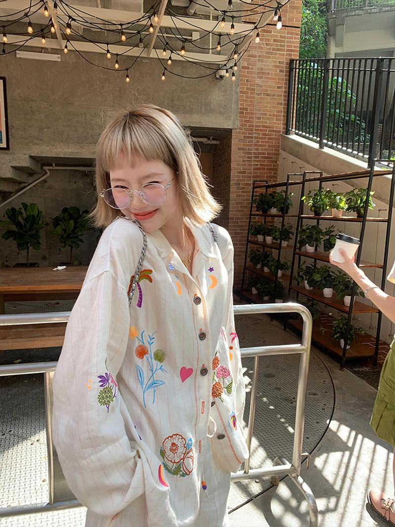 Women's Blouses High Quality Embroidery Cute Flower Blouse Loose Oversized Women Girls Sweet Linen Cotton Button Up Shirt Japanese Y2K Top