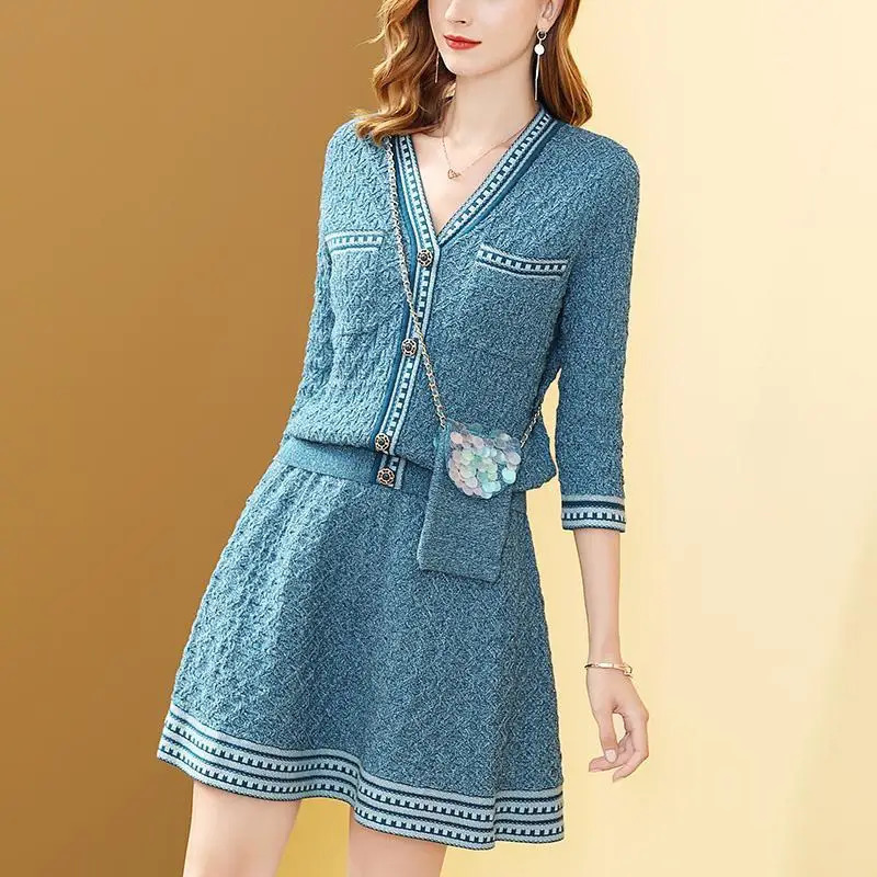 Basic Casual Dresses Spring Autumn Knitted Two Piece Dress for Women Temperament Solid Button Sweater Cardigan Fashion Elegant Clothing S3XL 231116